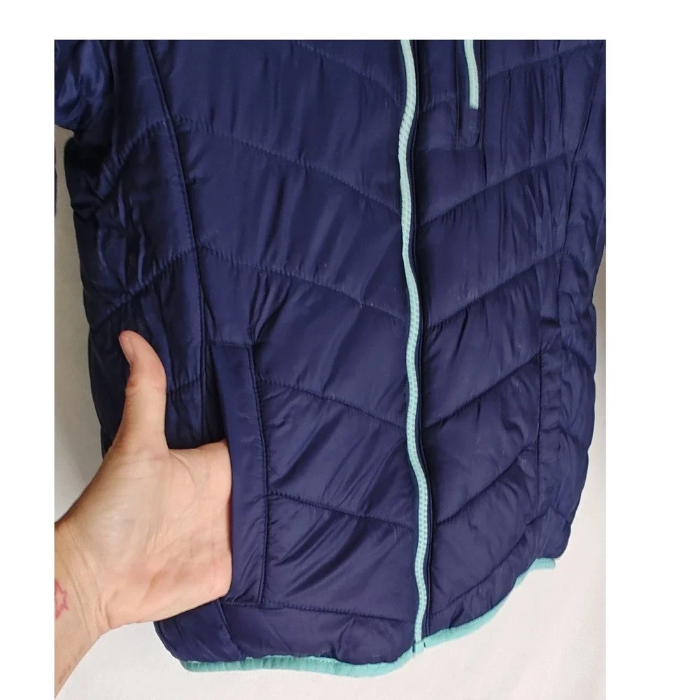 Eddie Bauer Youth Reversible Puffer Jacket  Light Blue Navy Hood Fleece M 10 12